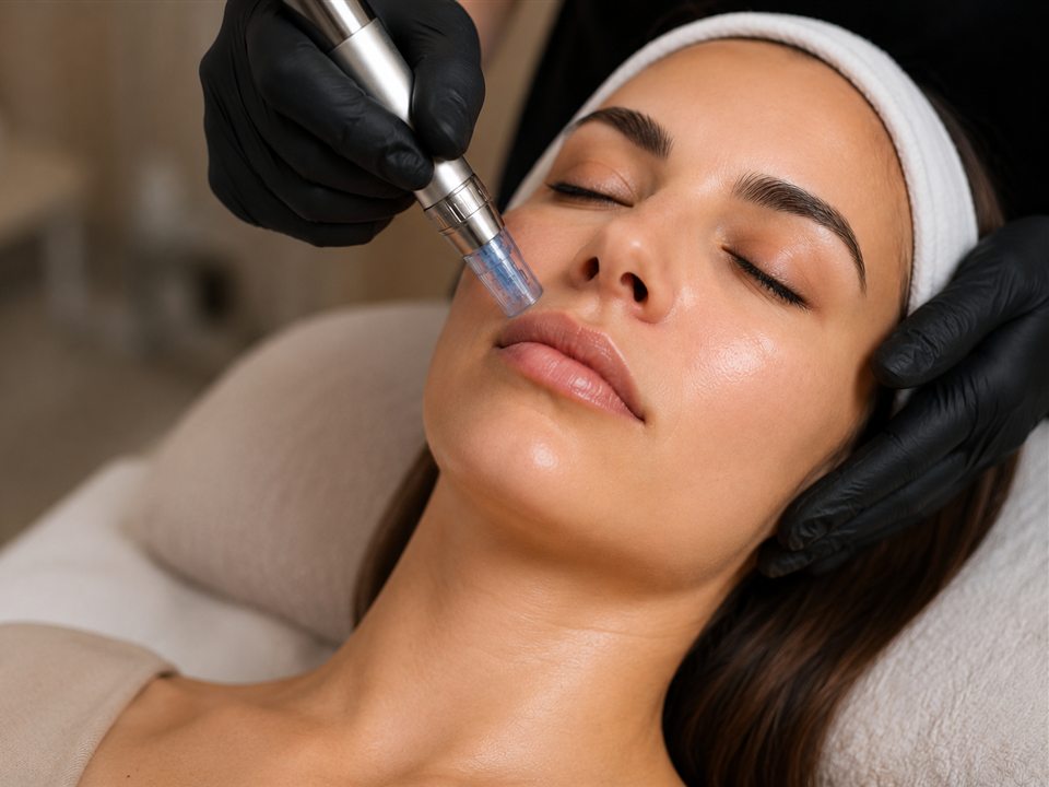 Sesión de microneedling facial con dispositivo tipo pluma